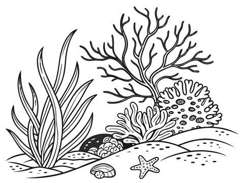 Underwater scene with seaweed and starfish on ocean floor
