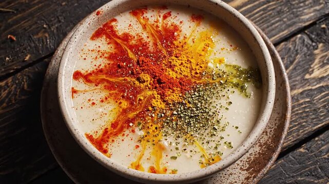 Overhead shot of a bowl of creamy soup or porridge topped with colorful spices on a rustic wooden table.