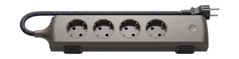 Obraz premium Power strip with braided fabric cord and four widely spaced outlets.