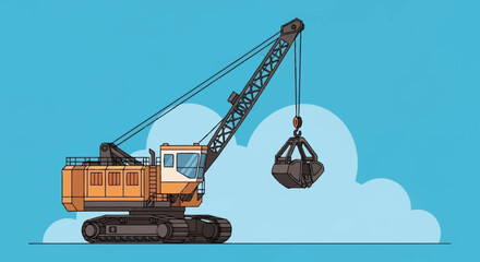 Crane Lifting Heavy Load with Clamshell Bucket. © Deni