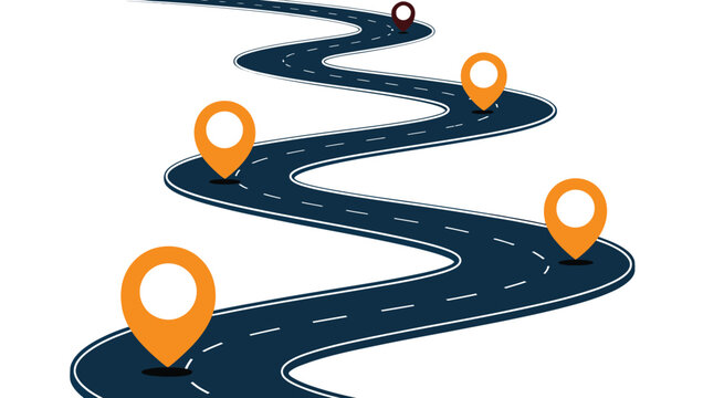 Winding road with navigation pins vector illustration, showing a journey, route, and destination points on a map, ideal for travel planning, navigation apps,