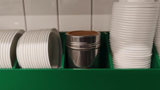 Close up of takeaway supplies neatly arranged. Stacks of paper cups, plastic lids, and cardboard sleeves ready for coffee service