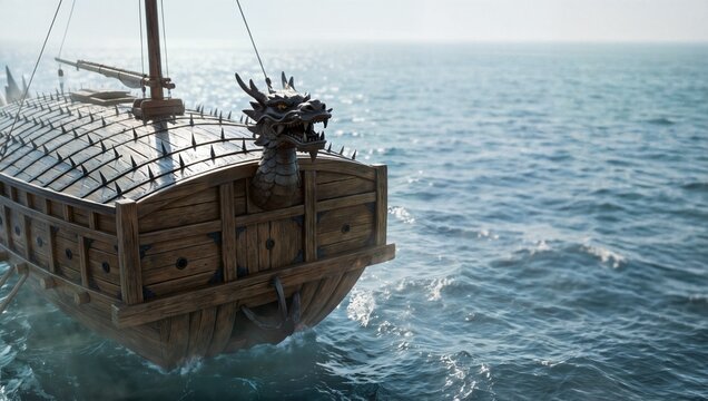 Majestic Geobukseon Bow and Foredeck Sailing Through Misty Waters, Symbolizing Historical Naval Power.