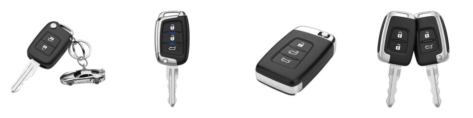 Modern Remote Car Keys and Key Fob Set, Keyless Entry System Transponders, Automotive Security and Central Locking Accessories, Isolated Vehicle Ignition Keys © Dimitri G