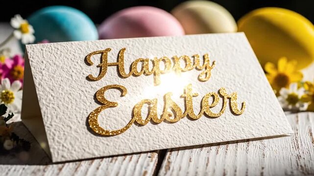 Happy Easter Greetings. Festive Easter Card Decorating With Pastel Colors And Elegant Accents. Joyful Easter Greeting Featuring Gold Embellishments And Blooming Floral Designs For Celebration