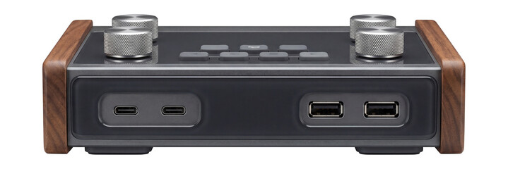 Fototapeta premium Desktop DSP interface with wooden side panels and multiple USB ports