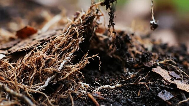 Hands pull a small plant out of the dark soil revealing a dense network of white roots