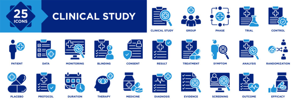 Clinical study icon set collection. an icon pack contain trial, patient, placebo, control, protocol, data, group, phase, result