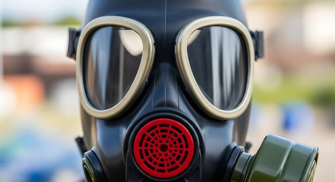 Close-up of a black and green respirator, red filter, clear eye pieces, outdoors