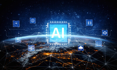 Obraz premium Centralized AI microchip on futuristic circuit board. AI process cloud computing, data analytics, and smart AI automation. Concept for hardware brain and AI core artificial intelligence. Corpus