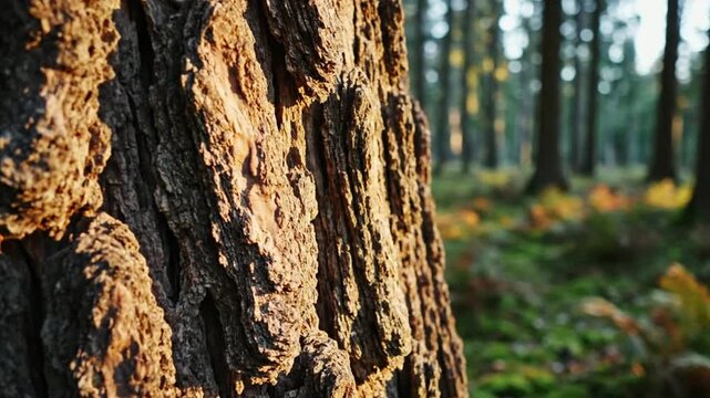 The thick textured bark of an old tree in a sunlit pine forest