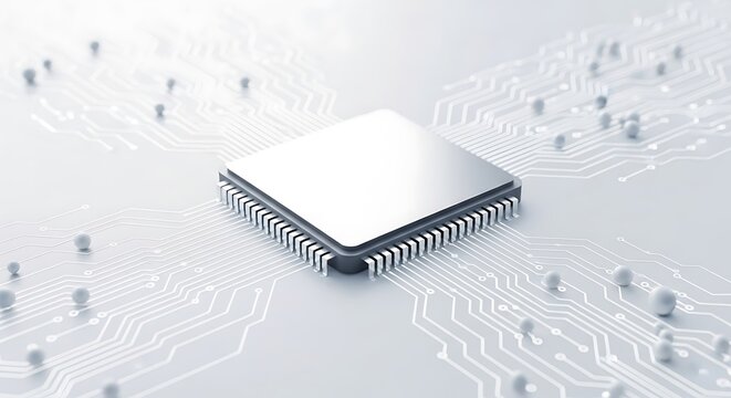 Close-up of a central processing unit on a circuit board, bathed in white light