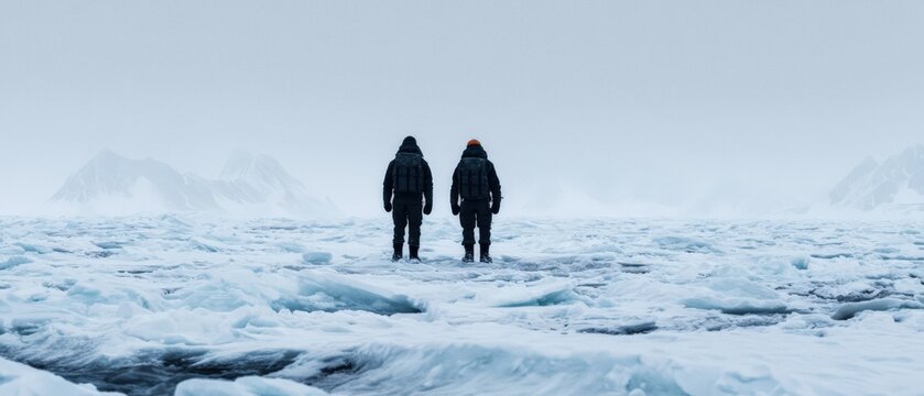 Two explorers in heavy winter gear walk across a vast icy landscape with snow-covered mountains in the foggy distance.