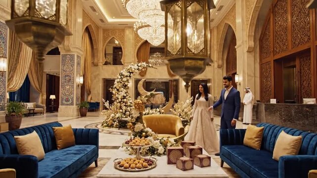Elegant Iftar Celebration Setting. Formal Iftar Scene Decorated With Traditional And Ornate Elements. Stylish Ramadan Gathering With Luxury Decor And Classic Elements In Grand Hotel Lobby
