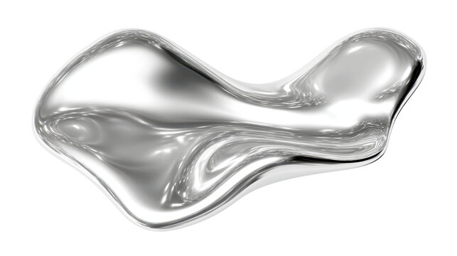 Molten metallic chrome liquid blob creating a dynamic, abstract silver fluid shape with a reflective surface, symbolizing innovation, luxury, and advanced technology on transparent background