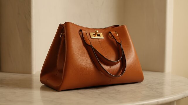 Luxury Brown Leather Designer Handbag with Gold Turn Lock on Marble Surface , Elegant Women�s Tote Purse, Premium Fashion Accessory, High-End Minimal Product Display, Sophisticated Modern Style