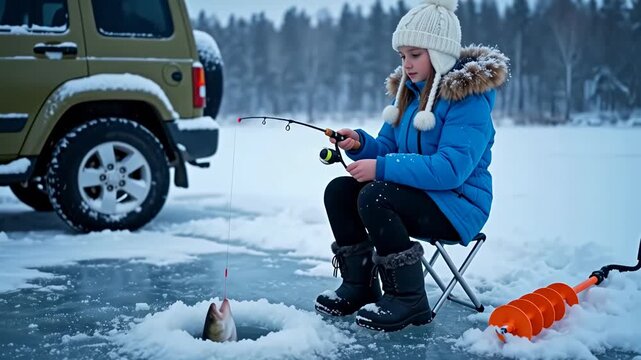 A girl caught a big perch while fishing in winter
