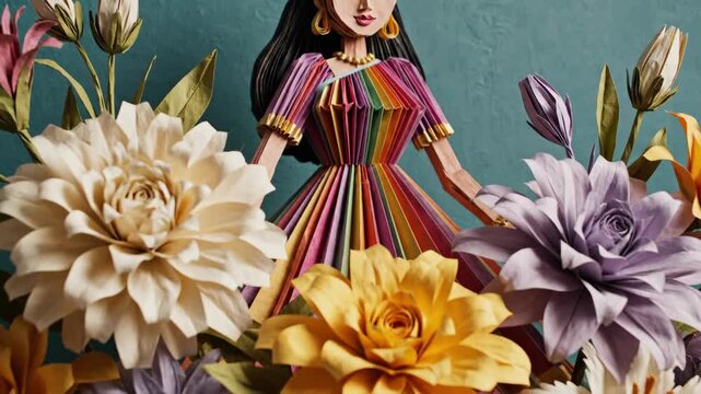 Paper quilling doll in colorful dress surrounded by handcrafted flowers