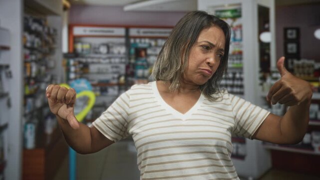 Hispanic woman shows thumbs up and thumbs down gesture inside a retail building with smiling and pensive expressions in sequential frames; ambivalence.