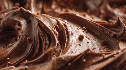 Sierkussen Restaurant Rich chocolate frosting texture with swirls and glossy finish, showcasing small bubbles and peaks, ideal for dessert decoration or baking projects  © Oksana