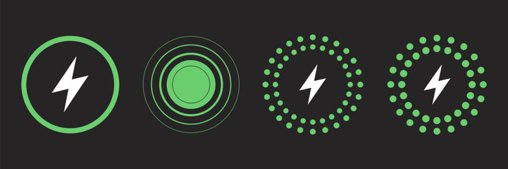 Professional green wireless charging and battery energy icon set featuring lightning bolt symbols, circular induction waves, and power status indicators for modern mobile user interface designs. © Melissa J. Abrams