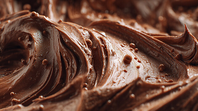 Rich chocolate frosting texture with swirls and glossy finish, showcasing small bubbles and peaks, ideal for dessert decoration or baking projects