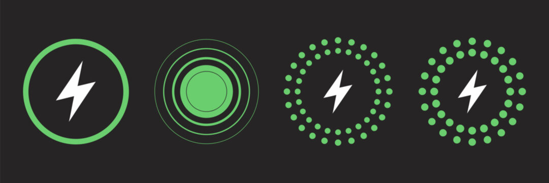 Professional green wireless charging and battery energy icon set featuring lightning bolt symbols, circular induction waves, and power status indicators for modern mobile user interface designs.