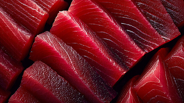 Fresh slices of red tuna sashimi arranged neatly on a dark surface, showcasing the texture and color of the fish in a culinary presentation