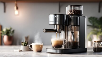 Modern espresso machine brewing coffee
