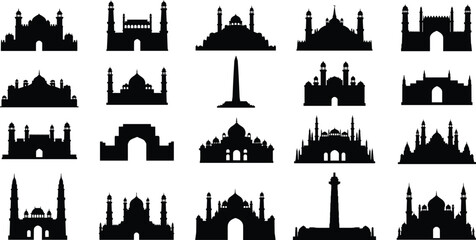 Collection of black silhouette of various architectural landmarks and monuments architecture © allustra