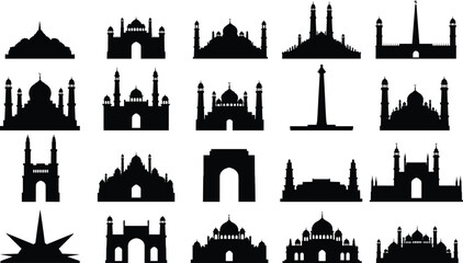 Collection of black silhouettes of famous Indian landmarks and monuments © allustra
