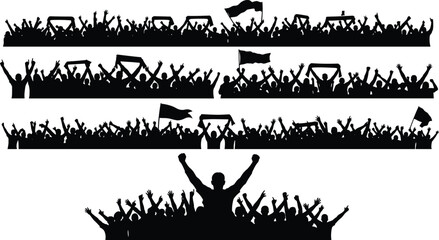 Crowd of Silhouetted People Celebrating with Raised Arms and Flags silhouettes celebration