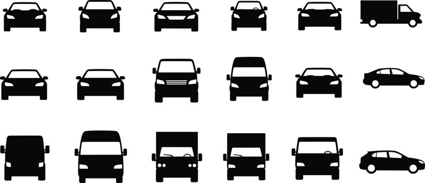 Collection of black and white vehicle including cars and a truck