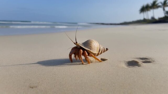 Hermit crab on sandy beach shore.