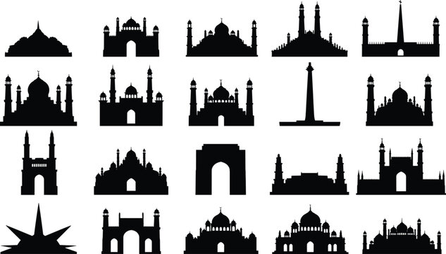 Collection of black silhouettes of famous Indian landmarks and monuments