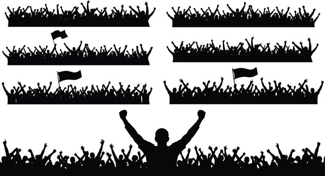 Crowd of Silhouetted People Celebrating with Raised Arms and Flags silhouettes celebration 1