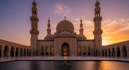 Obraz premium Grand Mosque facade with minarets and dome reflecting in water pool during vibrant sunset