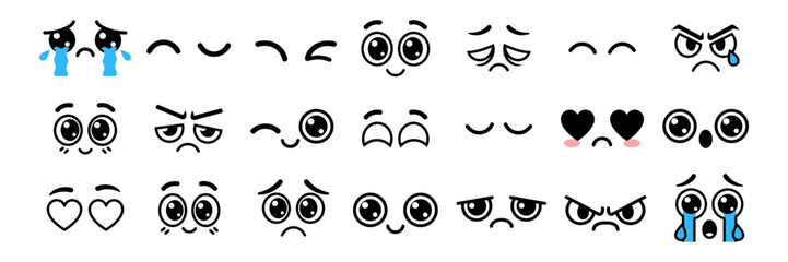 Kawaii anime eyes outline icon set, cute manga cartoon eye expressions and emotions isolated on transparent background