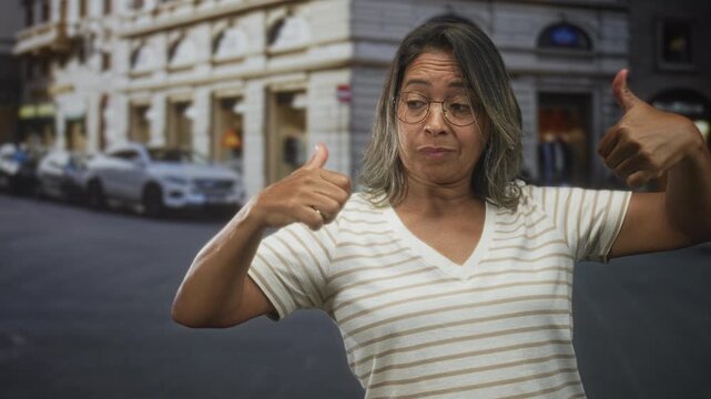 Middle age woman showing thumbs up and thumbs down on a busy street, wearing glasses and striped vneck tee with skeptical expressions; ambivalence uncertainty.