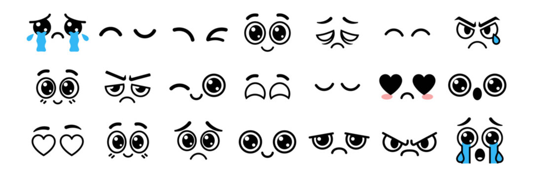Kawaii anime eyes outline icon set, cute manga cartoon eye expressions and emotions isolated on transparent background