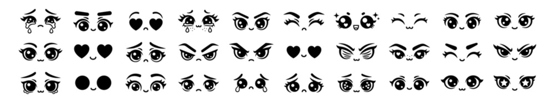 Cute anime manga eyes collection, kawaii cartoon eye expressions and emoji style emotions isolated on transparent background