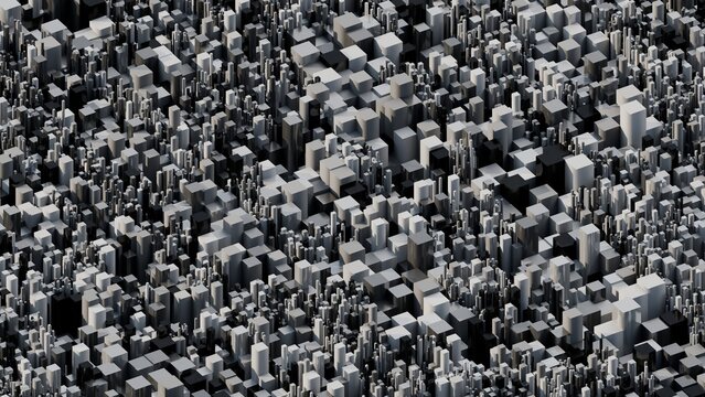 Monochrome abstract cityscape of countless cuboid towers packed tightly in a grid, forming a dense geometric skyline pattern with varied heights and sharp shadows
