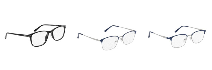 Set and collection of modern eyeglasses and prescription eyewear frames in black and blue metallic...