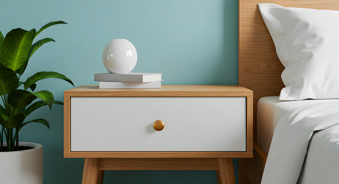 Bedside table with white drawer and lamp on top beside a bed in a serene bedroom setting viewed from the side