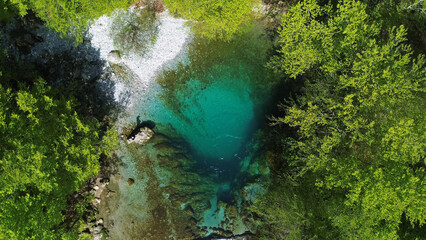 Turquoise spring water surrounded by lush green forest