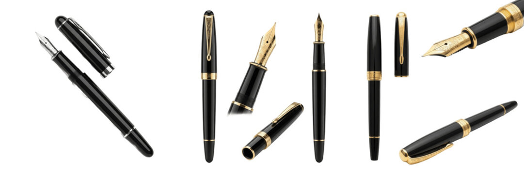 Set and collection of elegant black and gold fountain pens with classic nibs in various angles and poses isolated on white transparent PNG background
