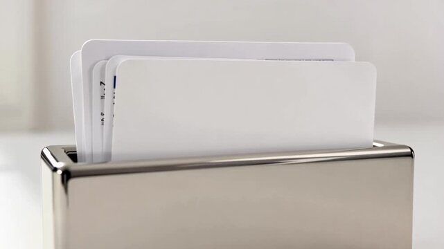 Metal tissue box with white tissues.