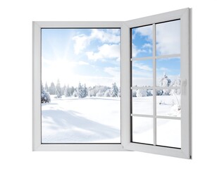 Winter Wonderland View Through Open Window - Snowy Landscape.