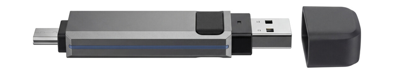 Obraz premium Dual-ended OTG flash drive with a protective cap and micro USB and USB-A ports.