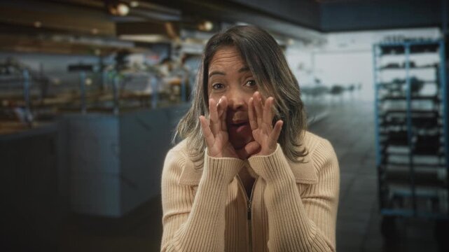 Woman cupping hands to mouth shouting in bakery kitchen wearing beige zipper sweater and facing camera; urgency.